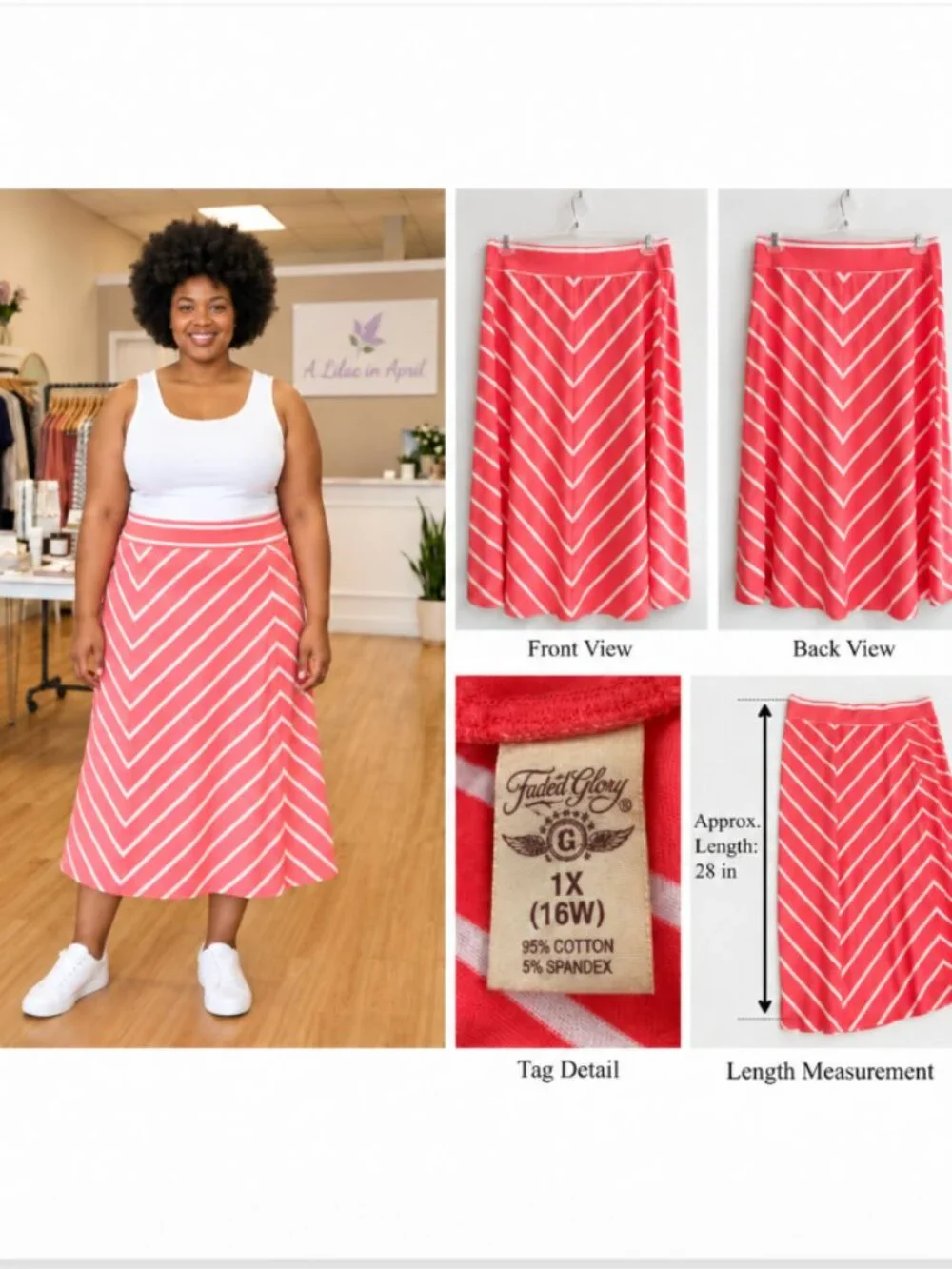 Faded Glory Coral & White Striped Midi Skirt